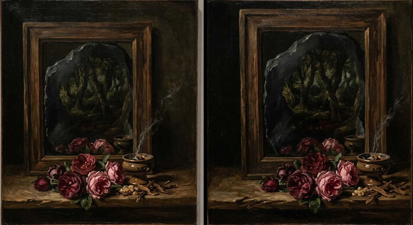 A dark stone reflecting woods, rose, and incense