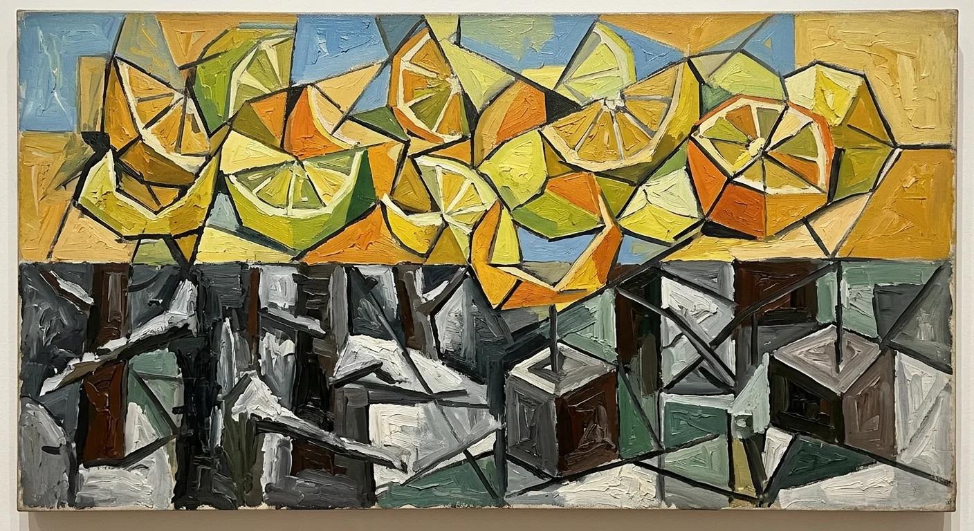 Bright citrus planes above dark winter woods