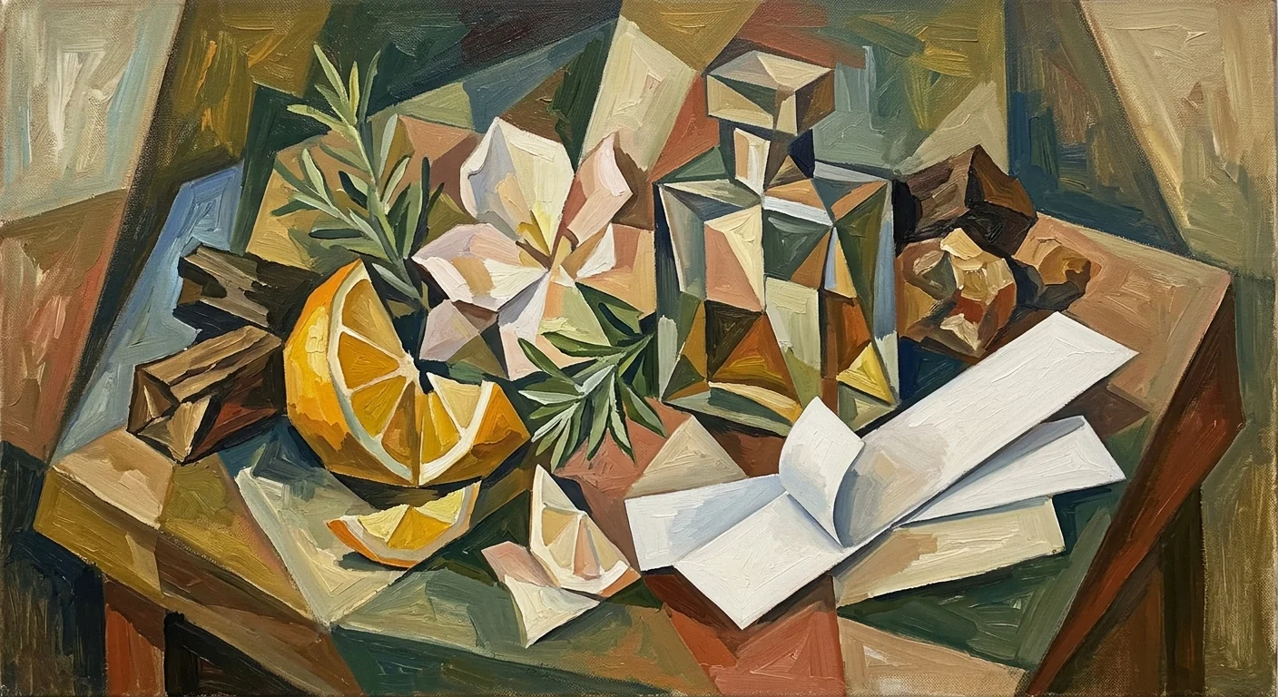 Cubist still life of citrus, petals, woods, and resins as one climate