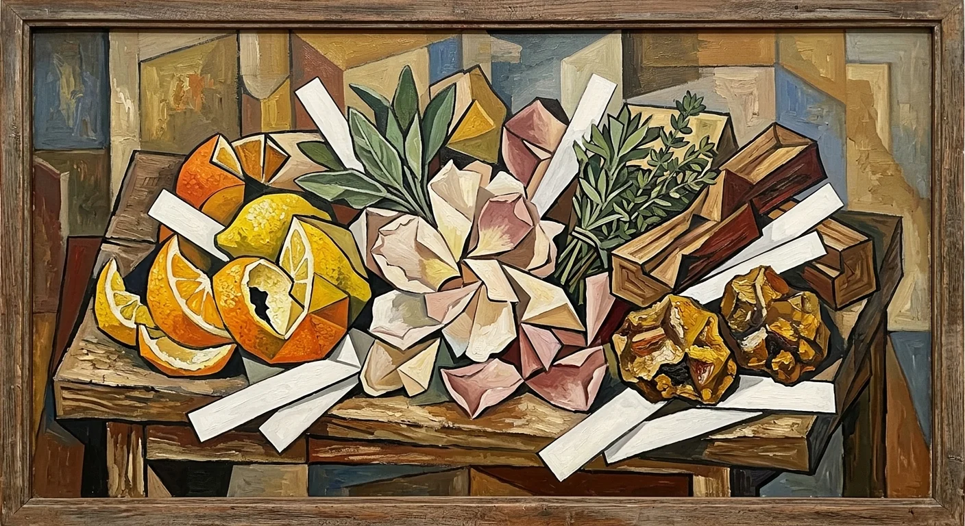 Cubist still life of citrus, a pale flower, herbs, woods, resin, and paper blotters