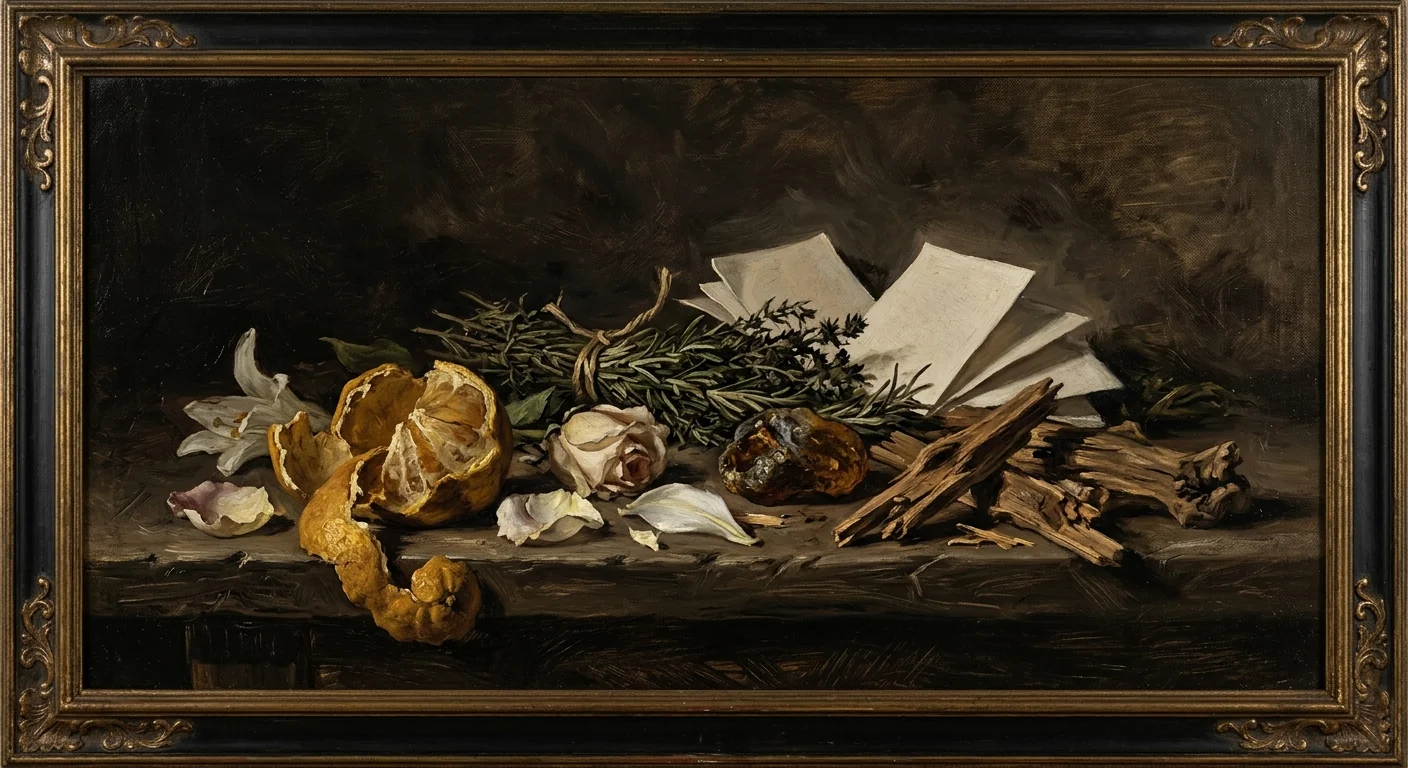 Dark still life of citrus peel, petals, herbs, amber resin, dry woods, and blotters