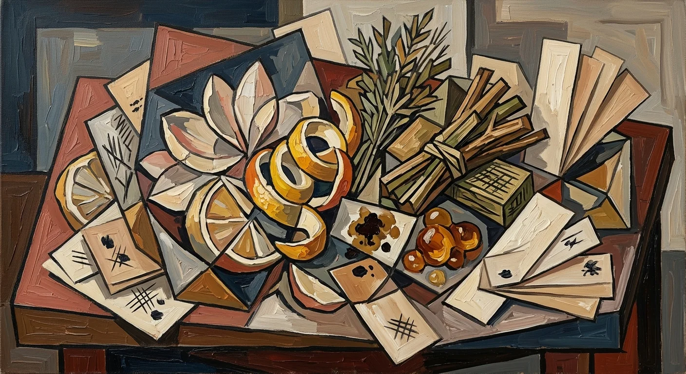 Cubist still life of scent materials suggesting a change in dose