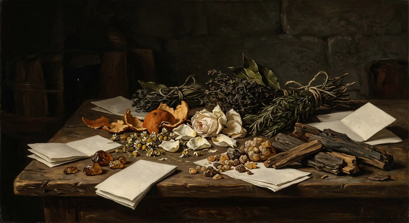 Dark still life of woods, petals, and blotters arranged as a placement map