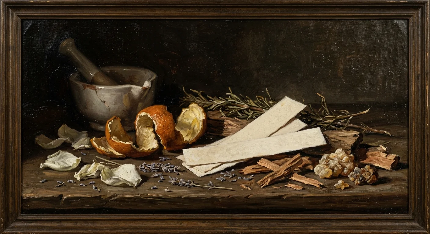Dark still life of blotters, woods, and resins spaced for a slow test
