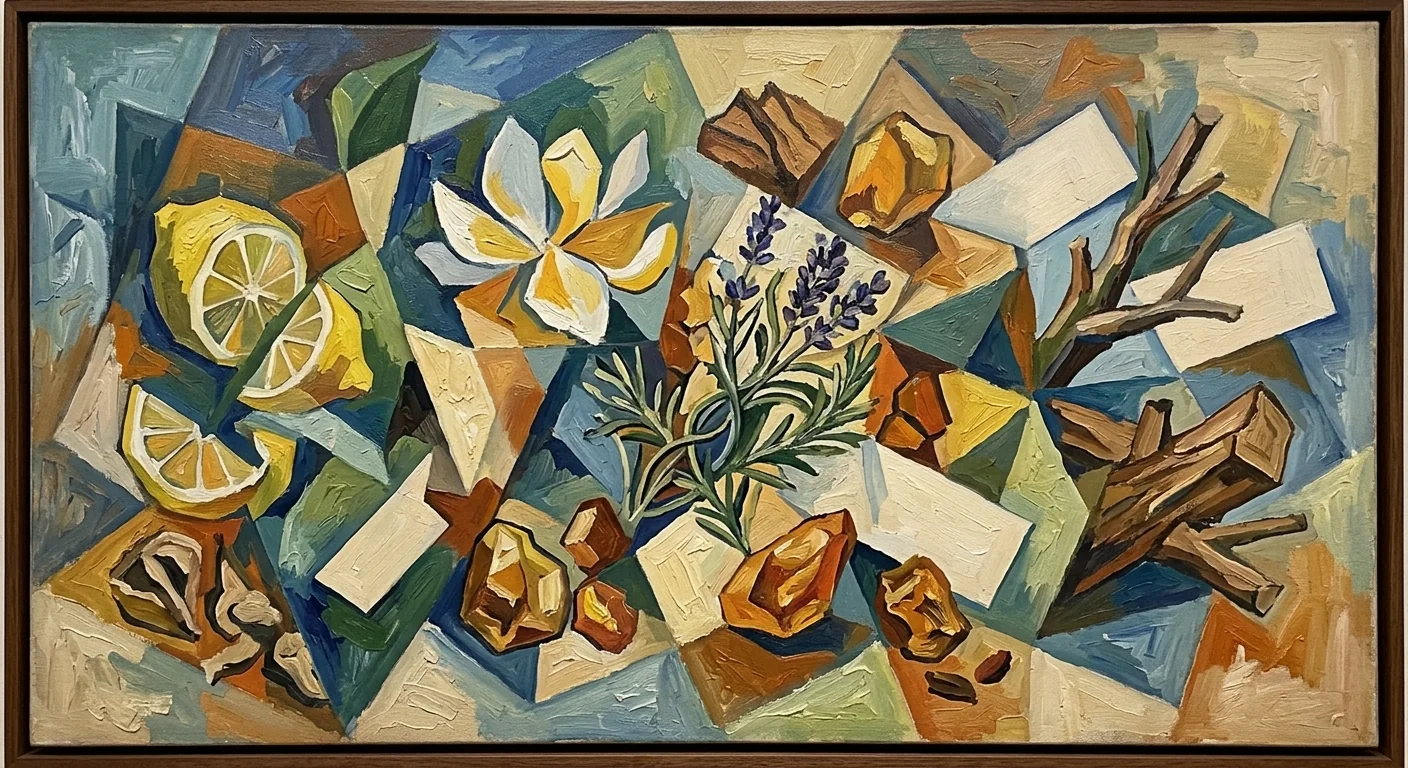 Cubist still life grouping citrus, petals, herbs, woods, and resins as related planes