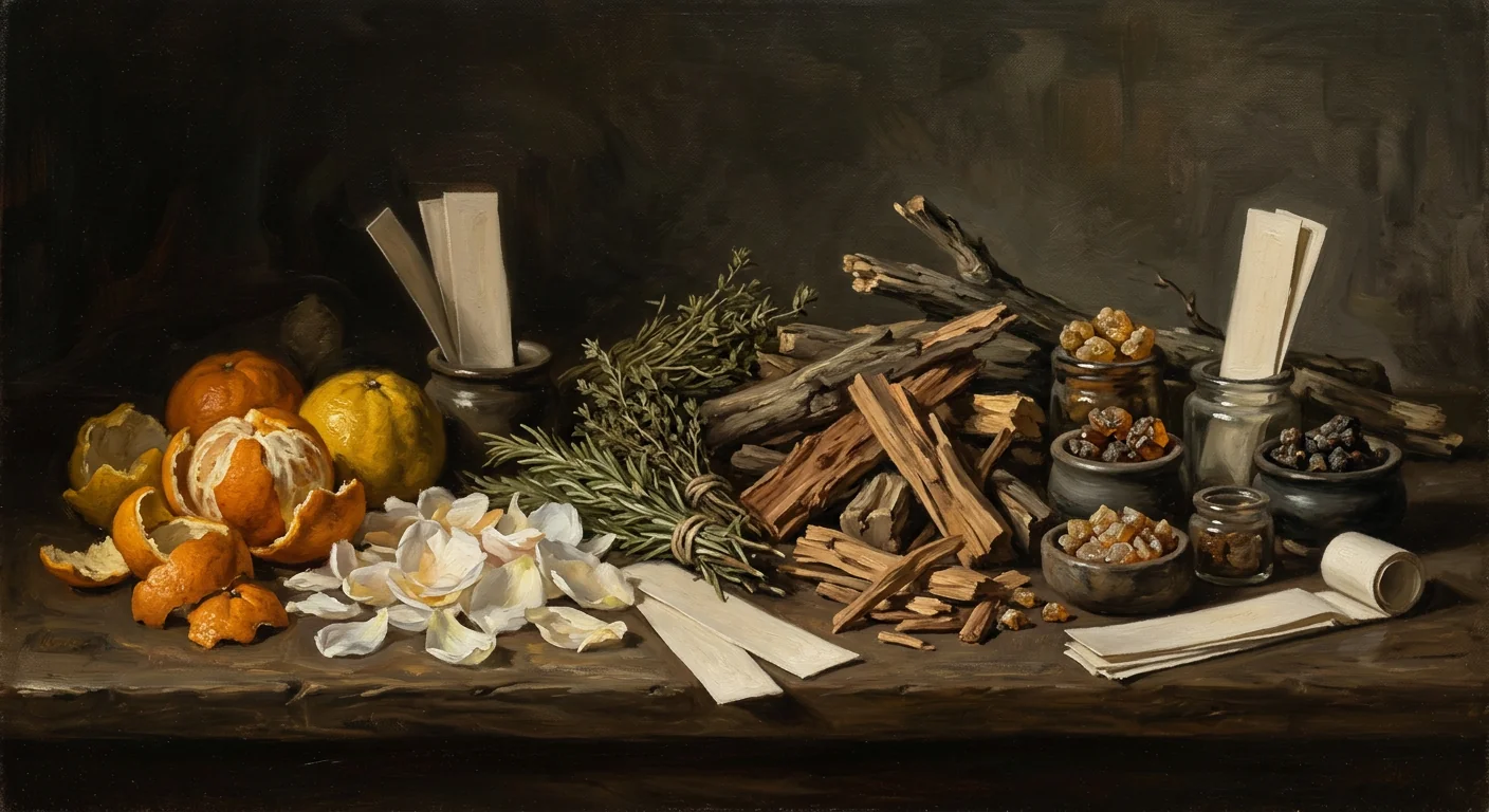 Dark still life of blotters and raw materials arranged as if choosing among climates