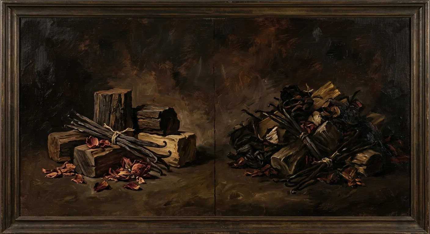 Separated raw materials beside a mixed pile of woods and petals